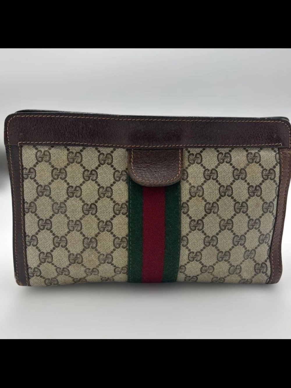Gucci Brown & Beige GG Canvas Clutch with Green-Red Web Stripe